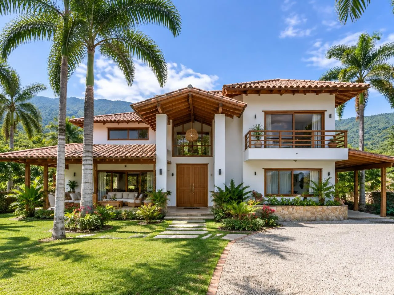Fachada de Casa Brisa Tropical con palmas