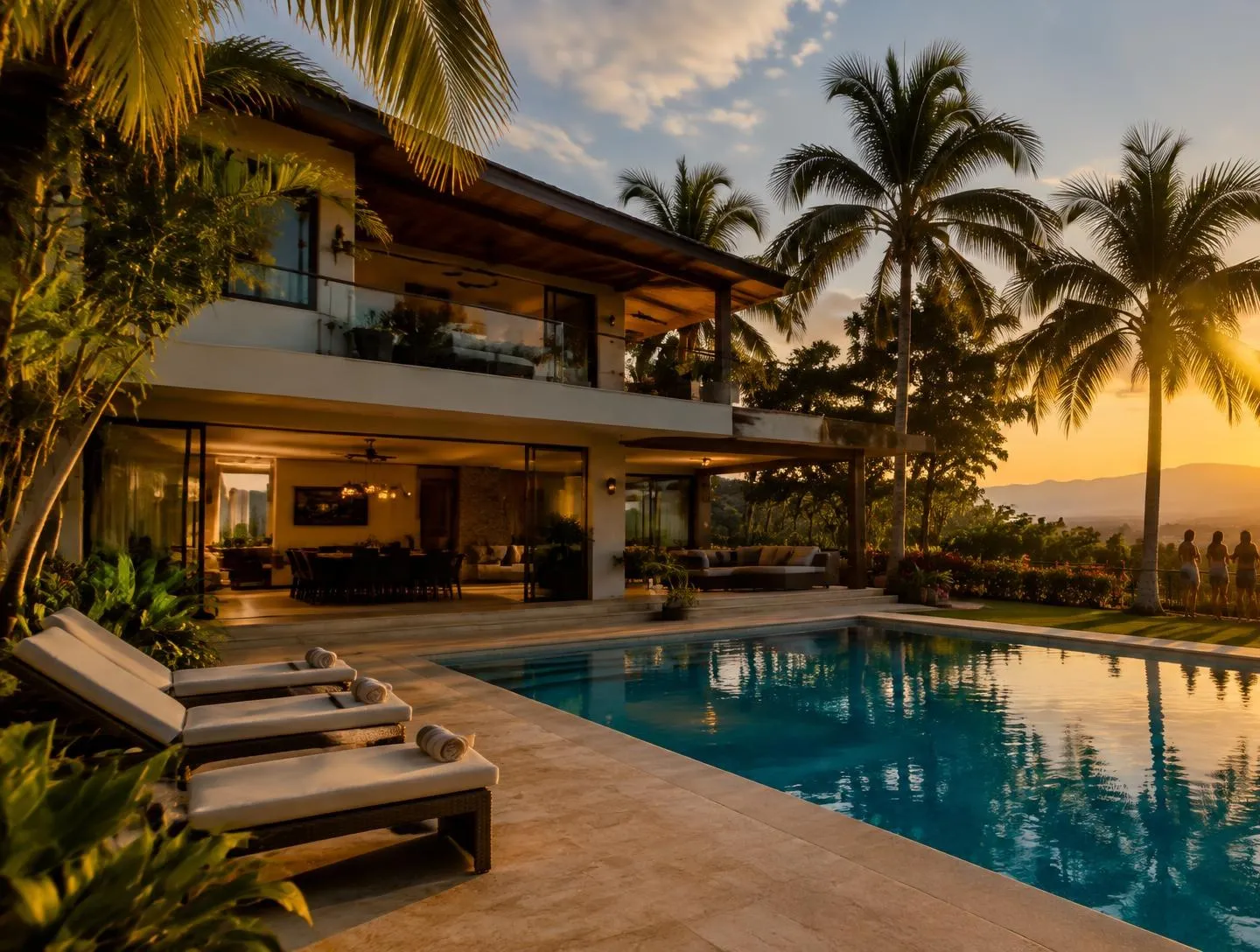 Casa con piscina y palmeras al atardecer
